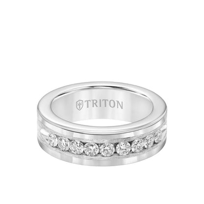 Triton 8MM Tungsten Diamond Ring - Satin Bright Finish and Bevel Edge