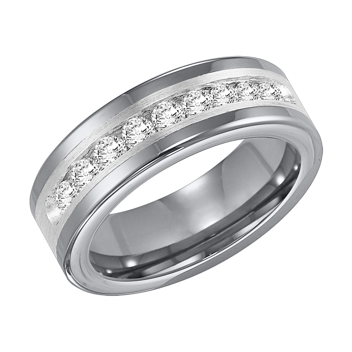 8mm Tungsten carbide comfort fit band with satin finish silver inlay and channel set diamonds