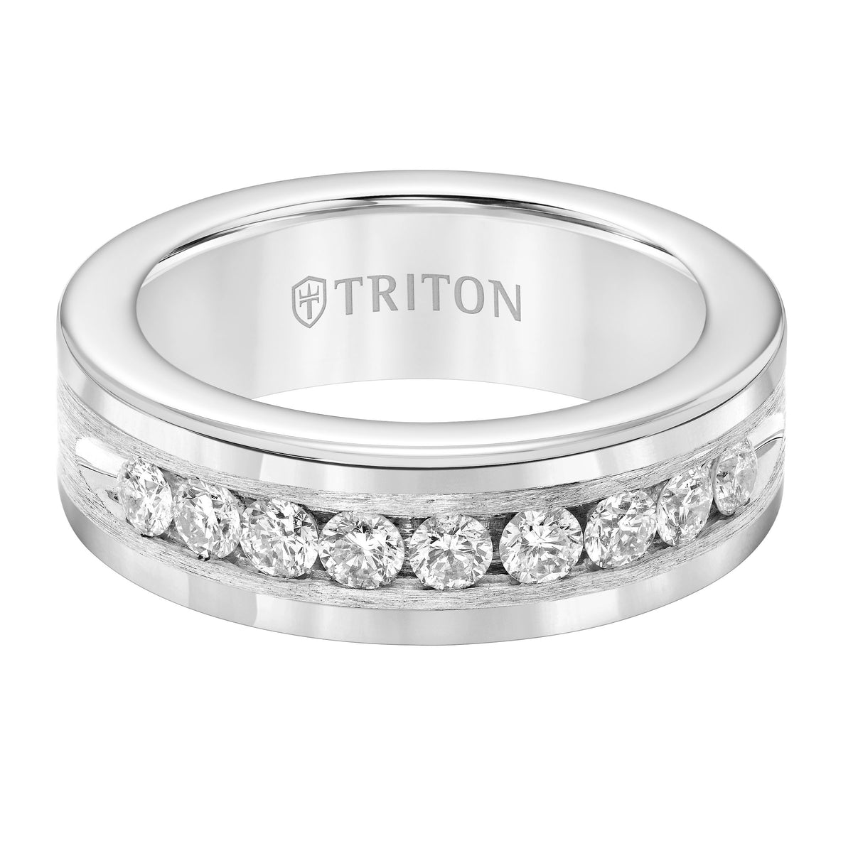 8mm Tungsten carbide comfort fit band with satin finish silver inlay and channel set diamonds