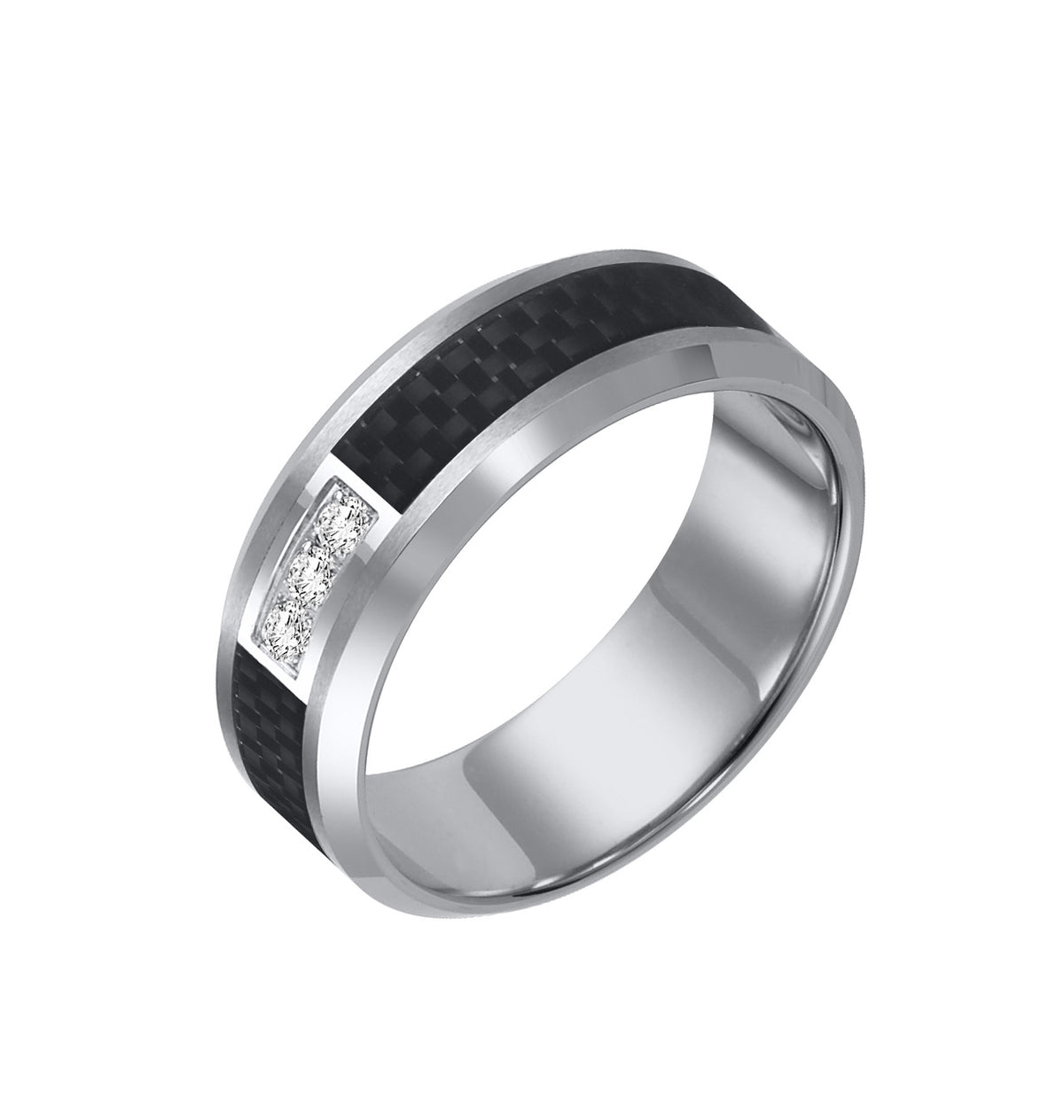 8mm Tungsten carbide Bevel Edge Comfort Fit diamond band with black carbon fiber inlay