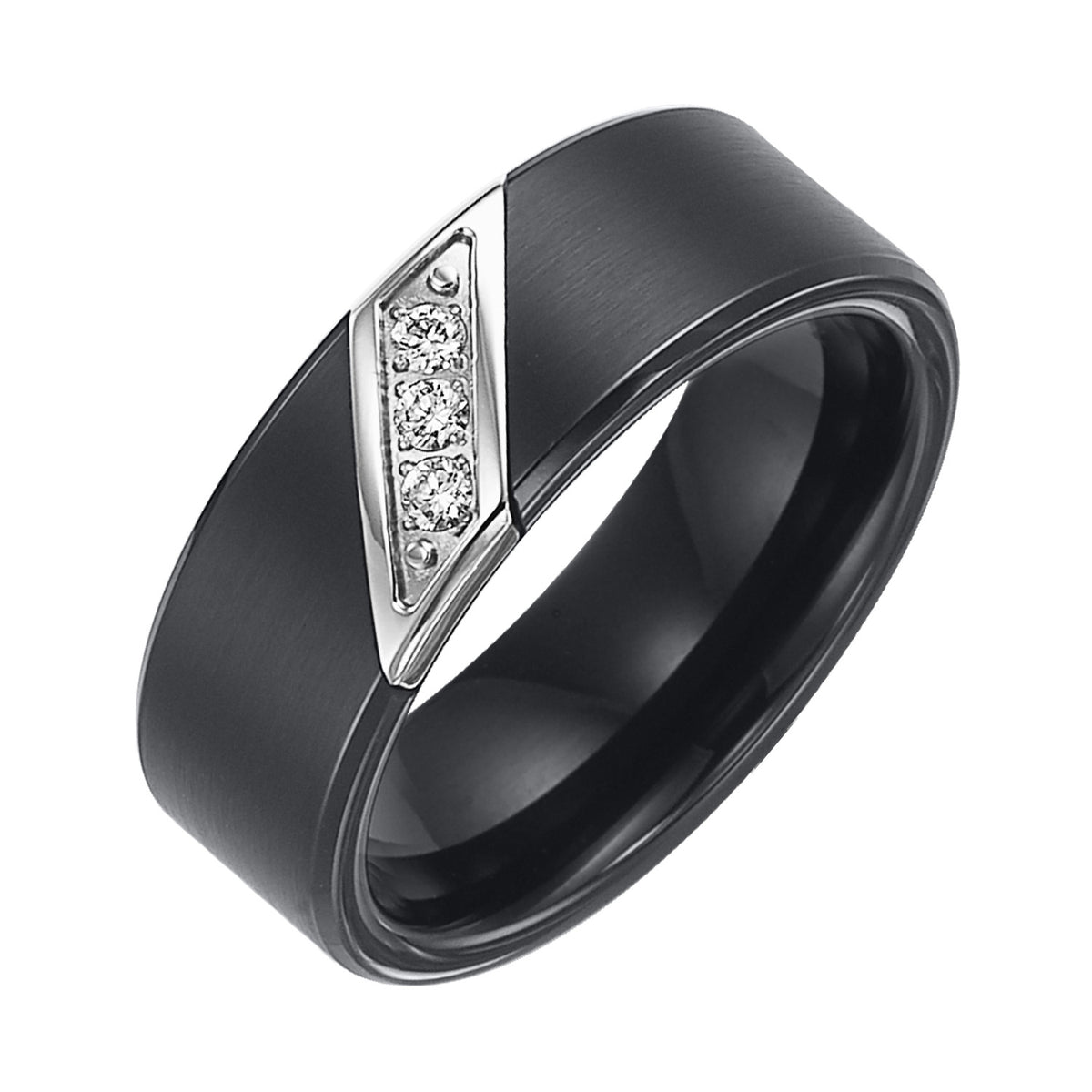 8mm Black tungsten carbide satin finish band with diagonal diamonds set in stainless steel