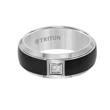Black and White Tungsten Carbide Men's Band with Diamond Detail