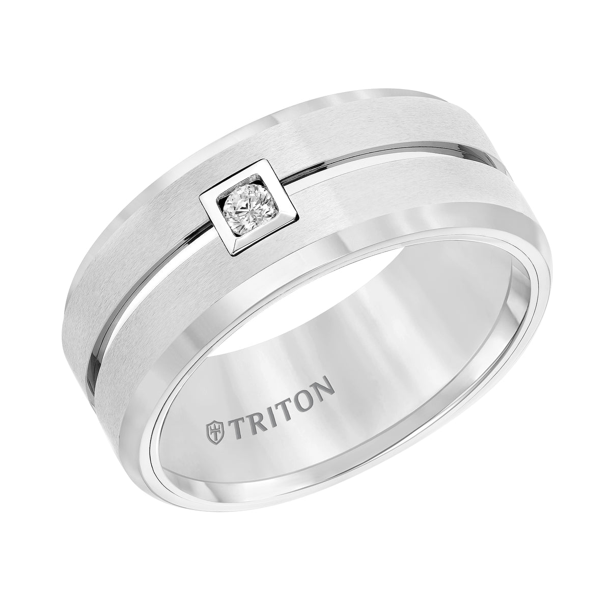 9MM White Tungsten Carbide Flat Comfort fit band. Horizontal Brush Finish with Bright Polished recessed center groove and Bevel Edge. Single Round Diamond set in a Square Bezel.