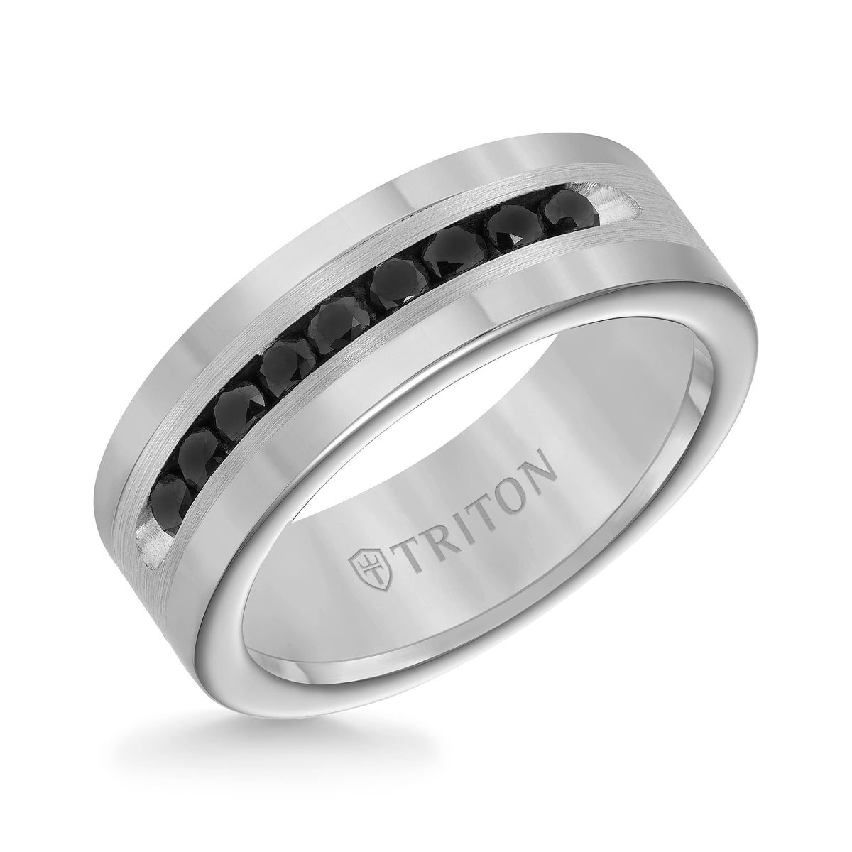 8MM Bright Polished Tungsten Carbide Comfort Fit band with Brush Finish Silver Inlay and 1/2 carat of Channel Set Black Diamonds.