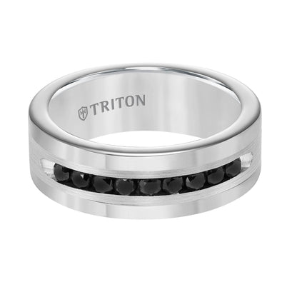 8MM Bright Polished Tungsten Carbide Comfort Fit band with Brush Finish Silver Inlay and 1/2 carat of Channel Set Black Diamonds.