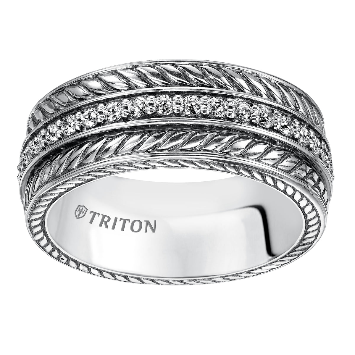 Sterling Silver Cast woven comfort fit all around diamond band with black oxidation