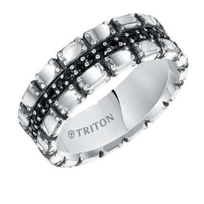 7.5mm Sterling Silver Cast wedding band with black sapphires and black Oxidation  Comfort Fit .