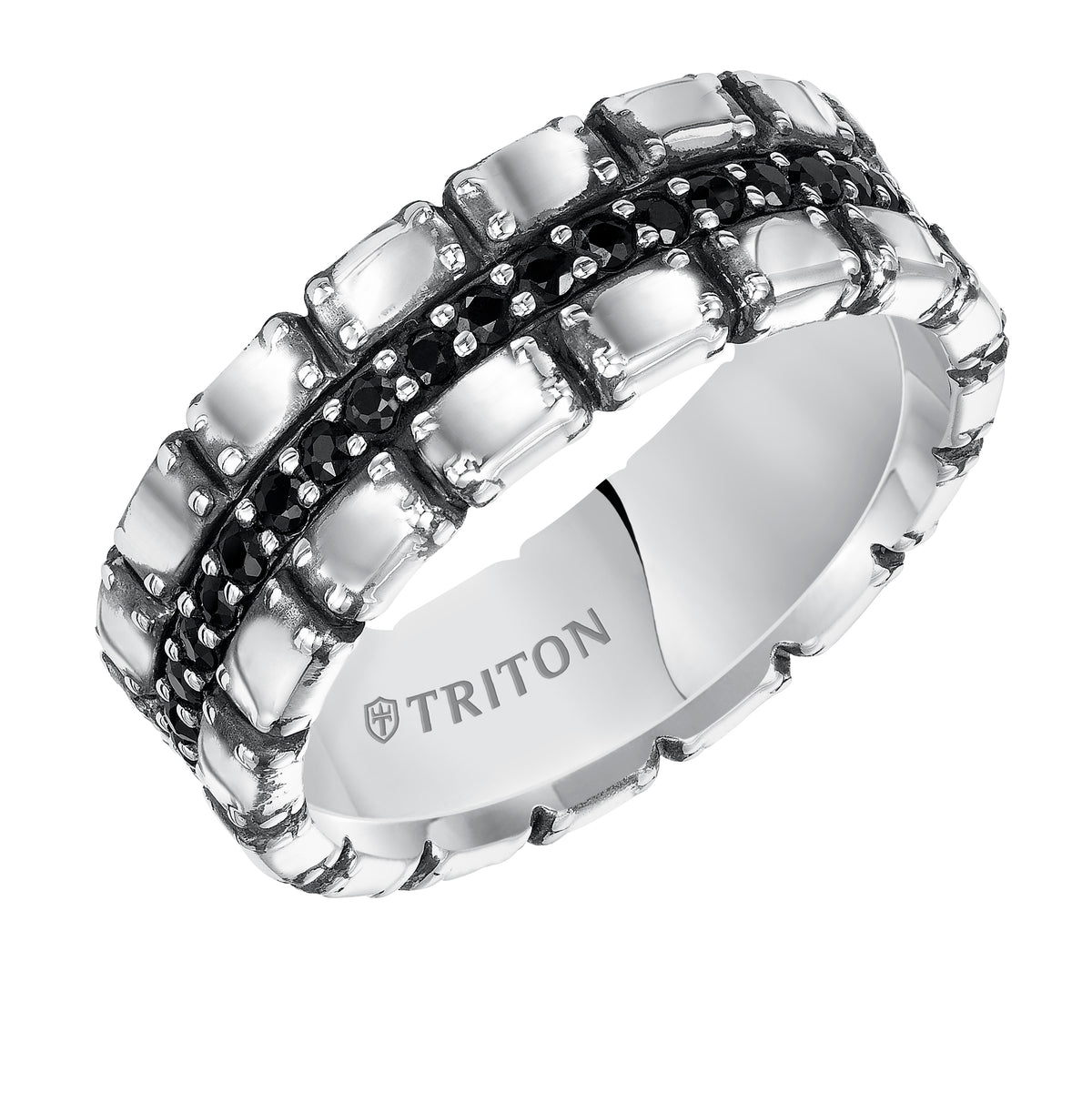 7.5mm Sterling Silver Cast wedding band with black sapphires and black Oxidation  Comfort Fit .