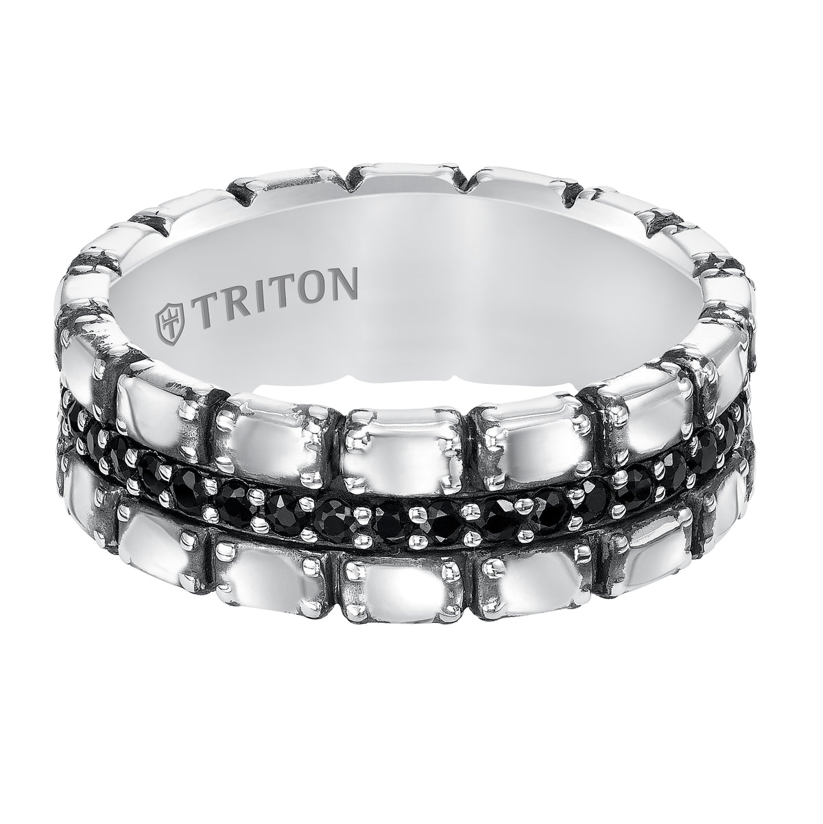 7.5mm Sterling Silver Cast wedding band with black sapphires and black Oxidation  Comfort Fit .
