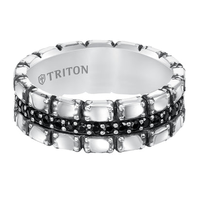 7.5mm Sterling Silver Cast wedding band with black sapphires and black Oxidation  Comfort Fit .