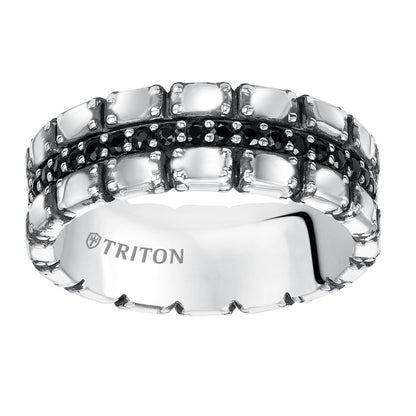 7.5mm Sterling Silver Cast wedding band with black sapphires and black Oxidation  Comfort Fit .