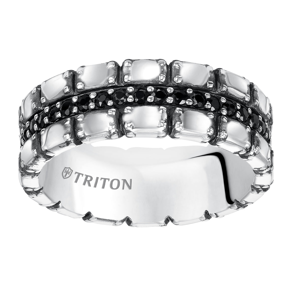 7.5mm Sterling Silver Cast wedding band with black sapphires and black Oxidation  Comfort Fit .