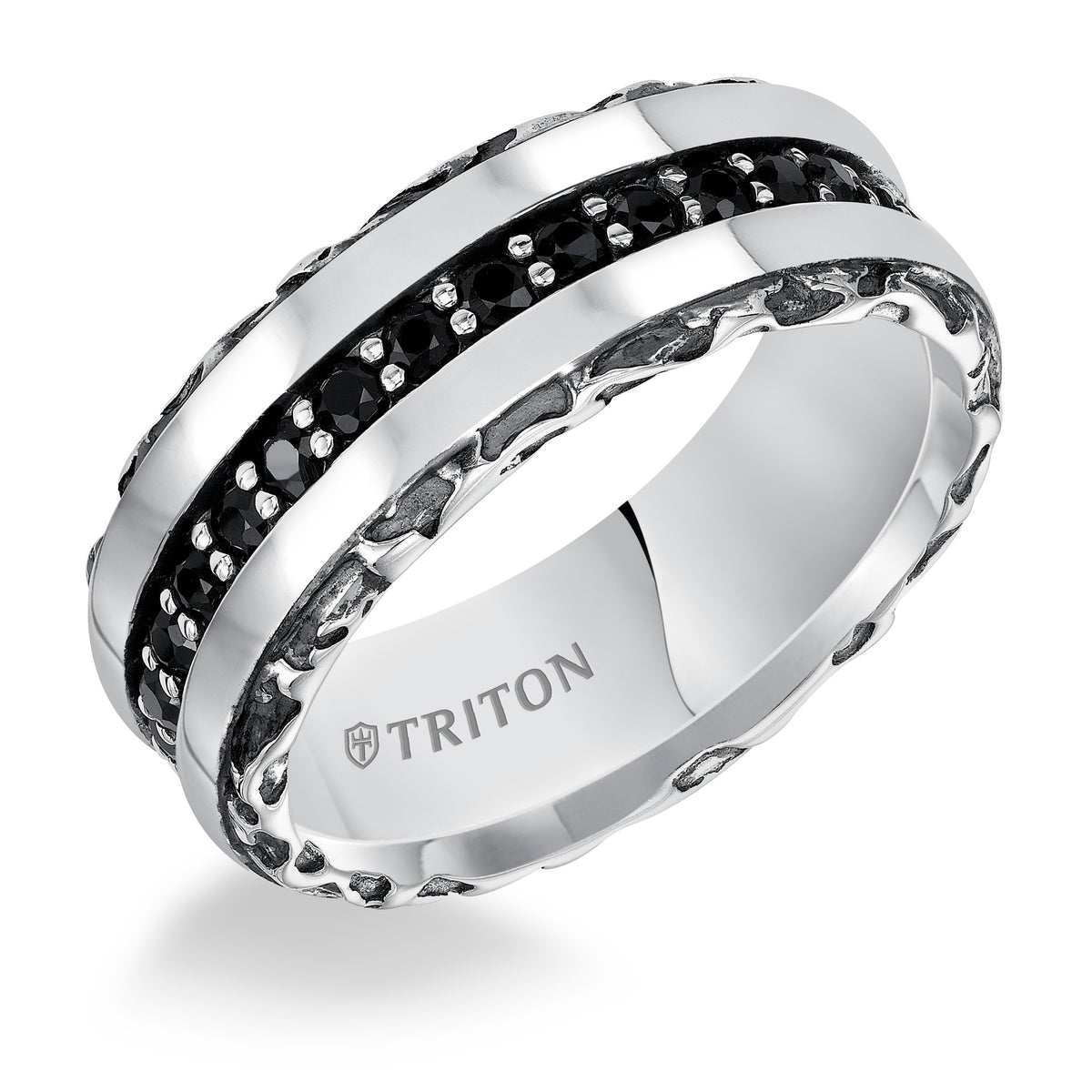 8.0mm Sterling Silver Cast wedding band with black sapphires and black Oxidation  Comfort Fit .
