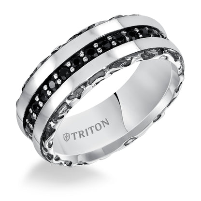 8.0mm Sterling Silver Cast wedding band with black sapphires and black Oxidation  Comfort Fit .