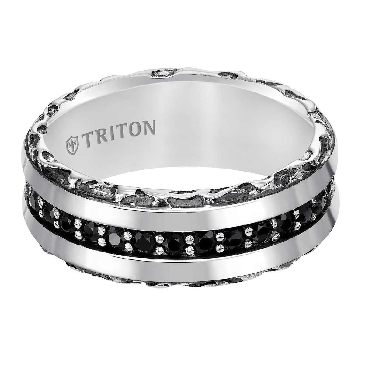 8.0mm Sterling Silver Cast wedding band with black sapphires and black Oxidation  Comfort Fit .