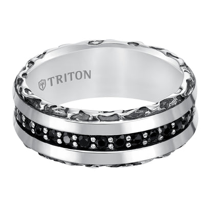 8.0mm Sterling Silver Cast wedding band with black sapphires and black Oxidation  Comfort Fit .