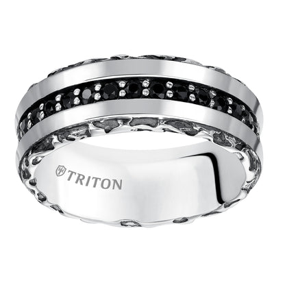 8.0mm Sterling Silver Cast wedding band with black sapphires and black Oxidation  Comfort Fit .