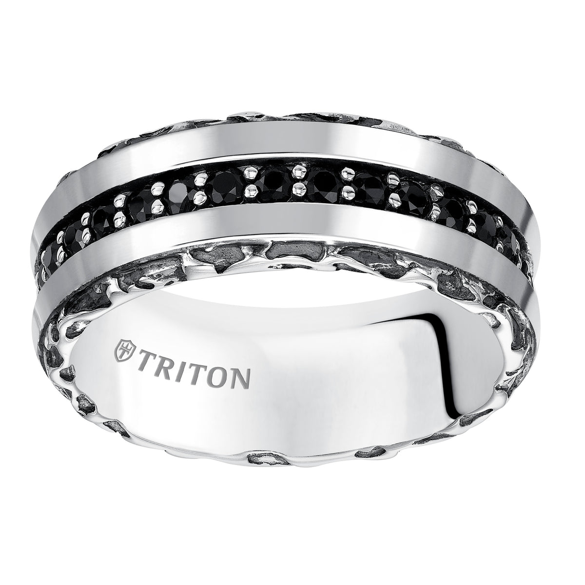 8.0mm Sterling Silver Cast wedding band with black sapphires and black Oxidation  Comfort Fit .