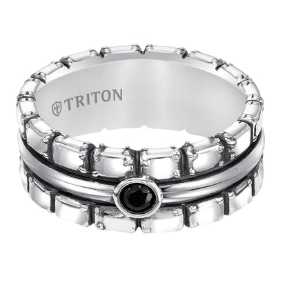 9.0mm Sterling Silver Cast wedding band with black sapphires and black Oxidation  Comfort Fit .