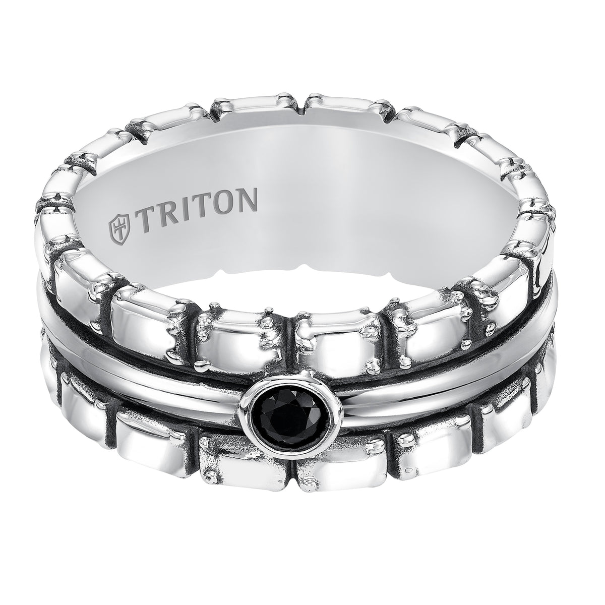 9.0mm Sterling Silver Cast wedding band with black sapphires and black Oxidation  Comfort Fit .