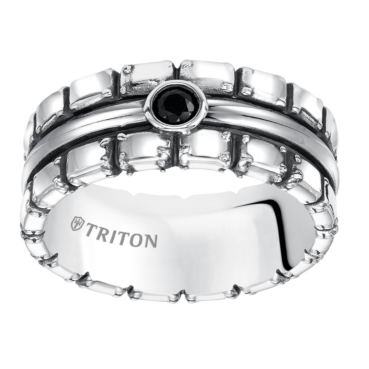 9.0mm Sterling Silver Cast wedding band with black sapphires and black Oxidation  Comfort Fit .