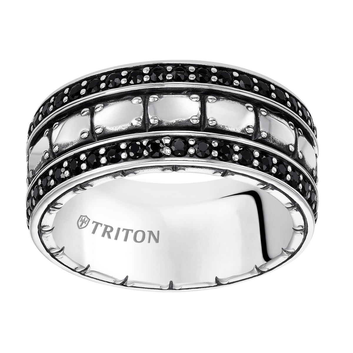 10.mm Sterling Silver Cast wedding band with black sapphires and black Oxidation  Comfort Fit .