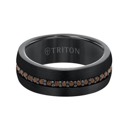 8MM Comfort Fit Black Tungsten All Around Smokey Quartz Sapphire Band