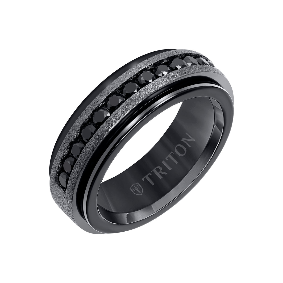 8mm Black Tungsten Carbide Ring with Black Sapphire Channel Set Silver Satin Finish