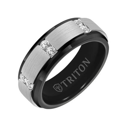 8MM Blue Tungsten Diamond Ring - Vertical Channel Set Silver Satin Finish and Bevel Edge