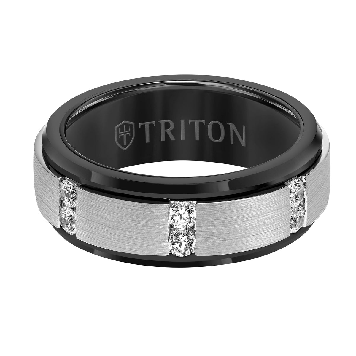 8MM Blue Tungsten Diamond Ring - Vertical Channel Set Silver Satin Finish and Bevel Edge