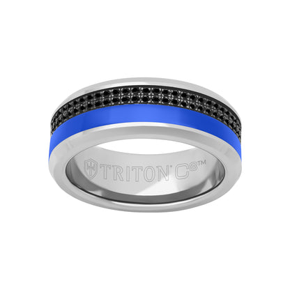 8MM Tungsten Carbide Ring - Asymmetrical Ceramic C8 Channel with Double Row Eternity Black Sapphires and Beveled Edge