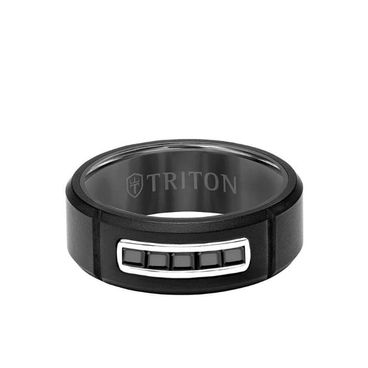 Triton 8MM Tungsten RAW Black DLC Ring - Channel Set Square Black Sapphires and Black Ceramic Interior