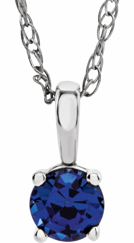 14K White 3 mm Round Blue Sapphire Youth Birthstone 14 Necklace