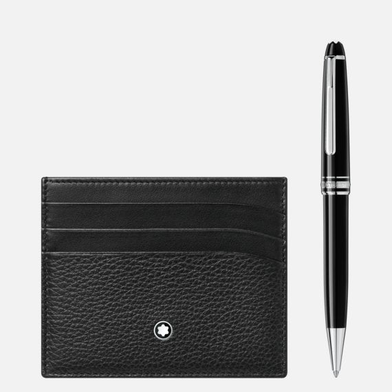 Montblanc Set With Meisterstuck Platinum-Coated Classique Ballpoint Pen And Meisterstuck Soft Grain Pocket 6Cc