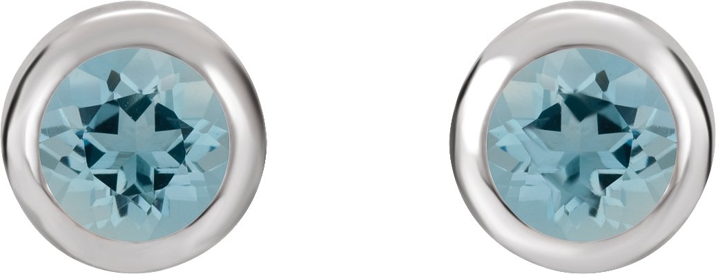 14K White 4 mm Round Genuine Aquamarine Birthstone Earrings