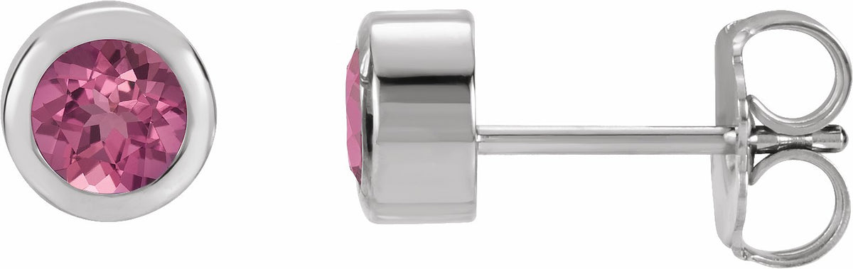 14K White 4 mm Round Genuine Pink Tourmaline Birthstone Earrings