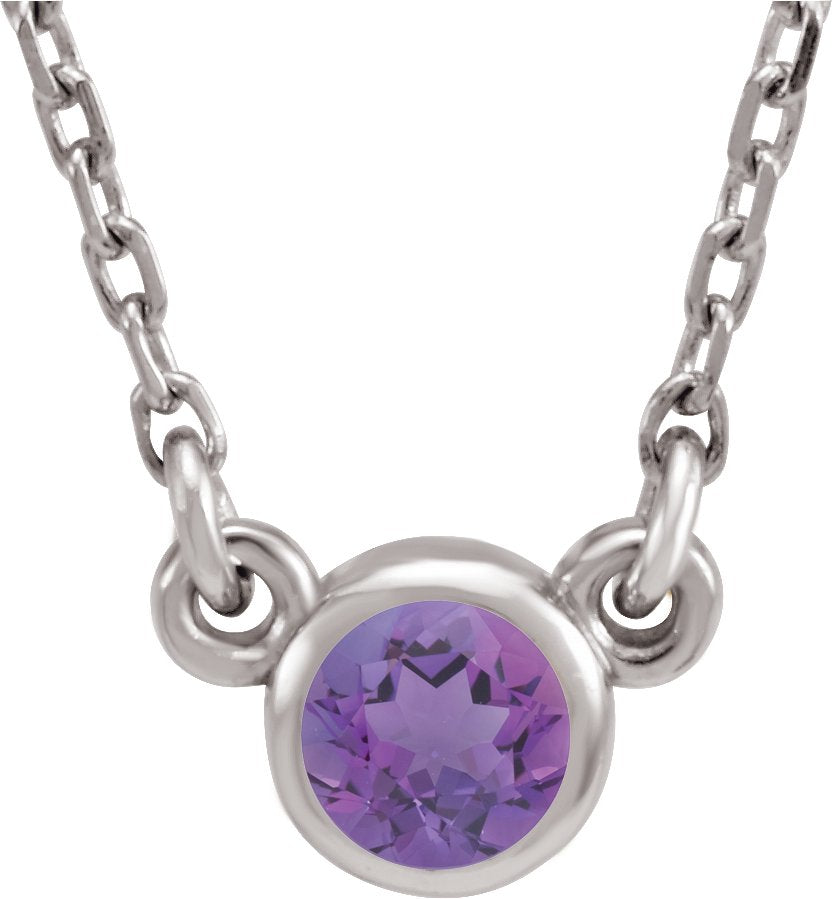 14K White 4 mm Round Amethyst Bezel-Set Solitaire 16 Necklace