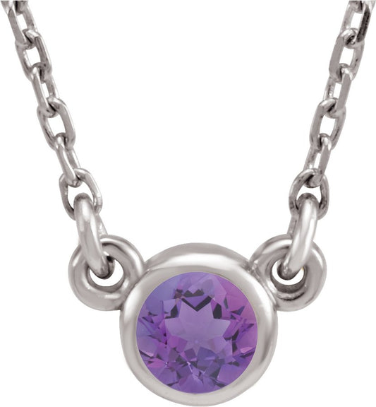 14K White 4 mm Round Amethyst Bezel-Set Solitaire 16 Necklace