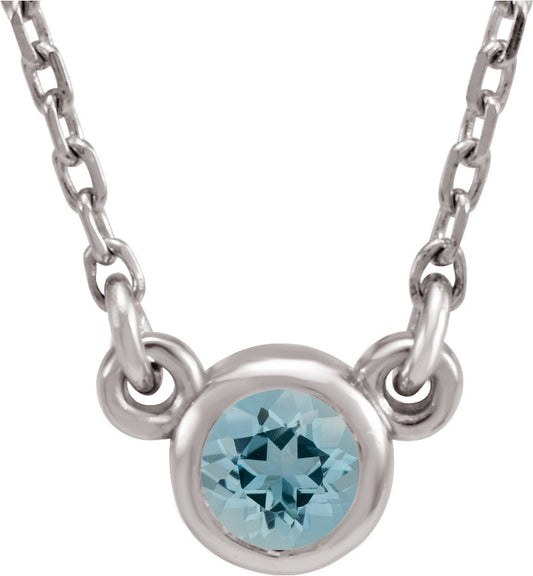 14K White 4 mm Round Aquamarine Bezel-Set Solitaire 16 Necklace