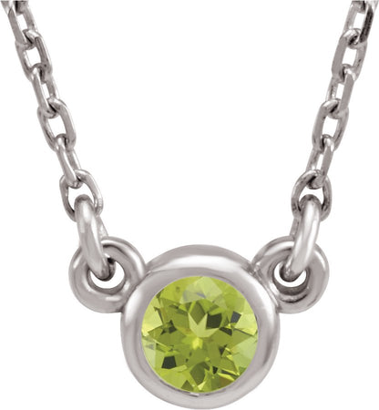 14K White 4 mm Round Peridot Bezel-Set Solitaire 16 Necklace