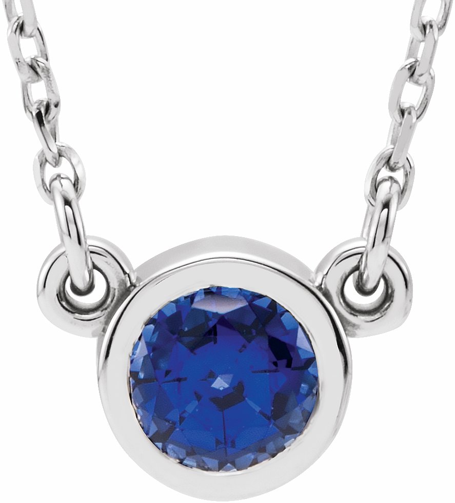14K White 4 mm Round Blue Sapphire Bezel-Set Solitaire 16 Necklace