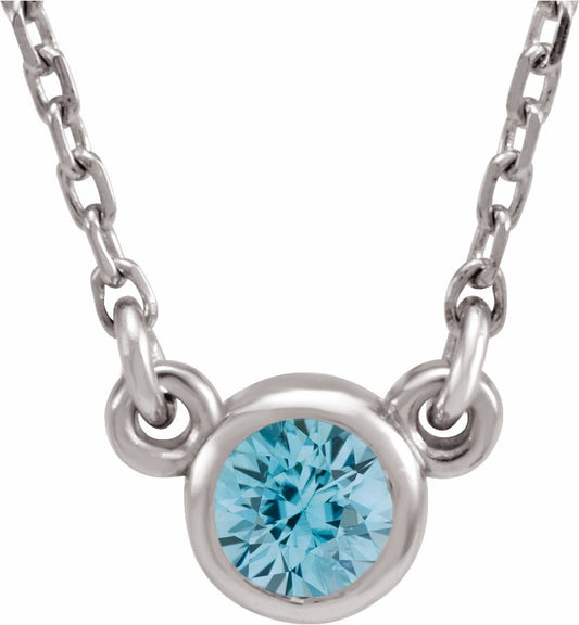14K White 4 mm Round Blue Zircon Bezel-Set Solitaire 16 Necklace