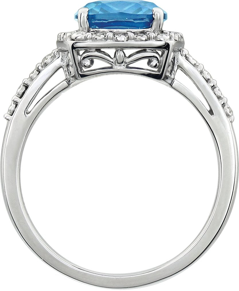 14K White Swiss Blue Topaz & .07 CTW Diamond Ring