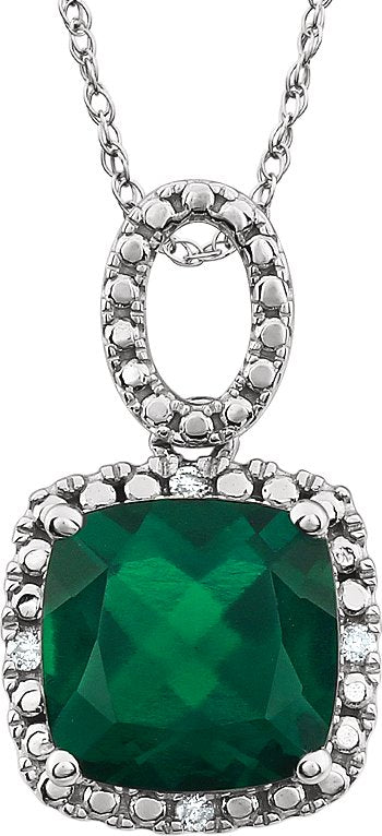 14K White Created Emerald & .03 CTW Diamond 18 Necklace