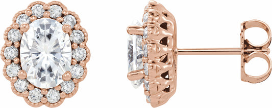 14K Rose 7x5 mm Oval Forever Oneu2122 Moissanite & 3/8 CTW Diamond Earrings