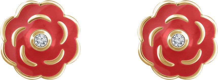 10K Yellow .01 CTW Diamond Enamel Flower Earrings