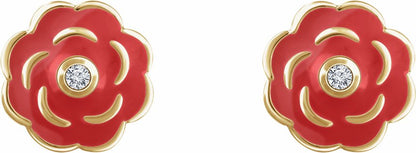 10K Yellow .01 CTW Diamond Enamel Flower Earrings