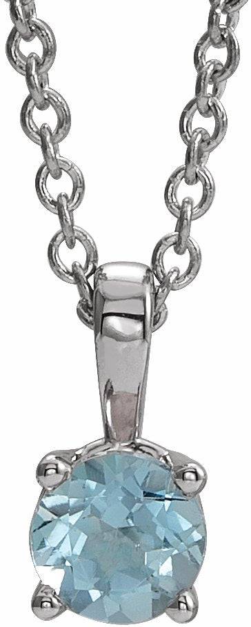 14K White 4 mm Round Aquamarine Birthstone 16-18 Necklace