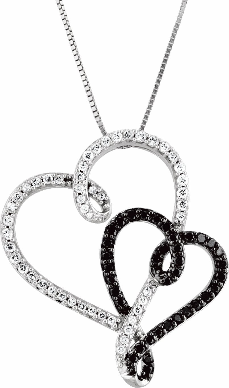 14K White & Black Rhodium Plated 1/2 CTW Black & White Diamond Double Heart 18 Necklace