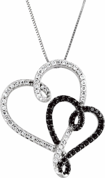 14K White & Black Rhodium Plated 1/2 CTW Black & White Diamond Double Heart 18 Necklace